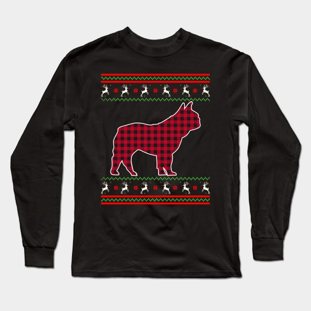 French Bulldog Red Plaid Ugly Christmas Sweater Style Long Sleeve T-Shirt by PaulAksenov